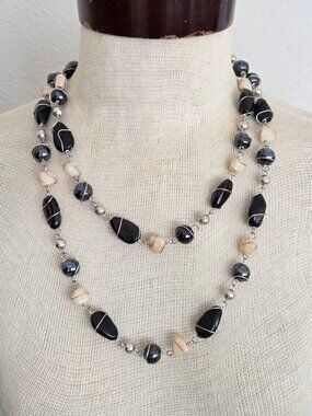 Wire Wrapped Mixed Glass Bead Long Necklace
